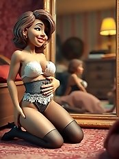 A promiscuous woman spreading her unshaven genitals and her buttocks.