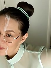 An elderly Chinese woman has sex with two men at once.